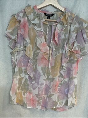 Ralph Lauren Sheer Floral Ruffle Tie-Neck Blouse in Pink, Lavender & Mustard